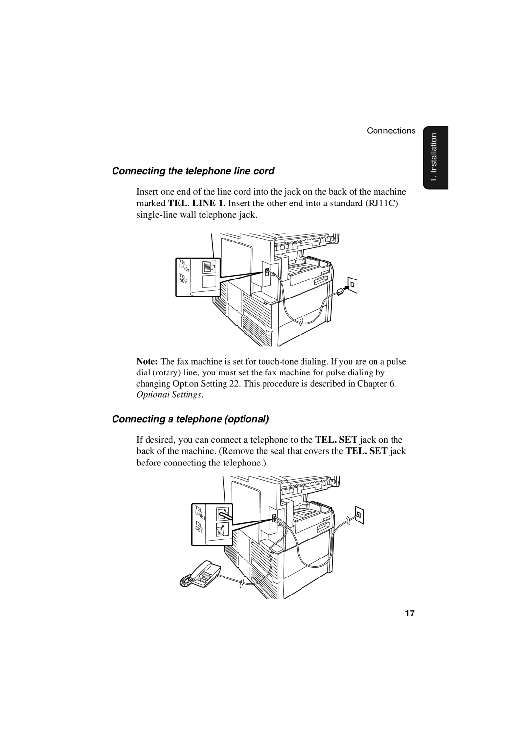 Sharp FO-6700 operation manual Connecting the telephone line cord, Connecting a telephone optional 