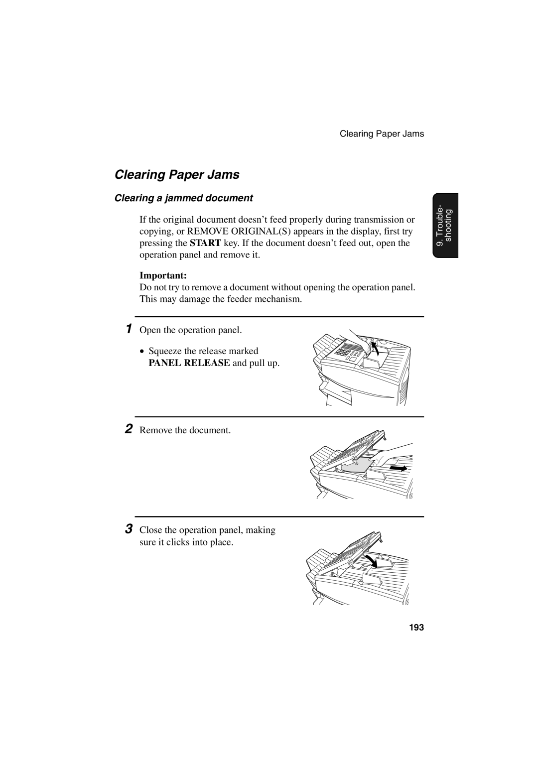 Sharp FO-6700 operation manual Clearing Paper Jams, Clearing a jammed document 