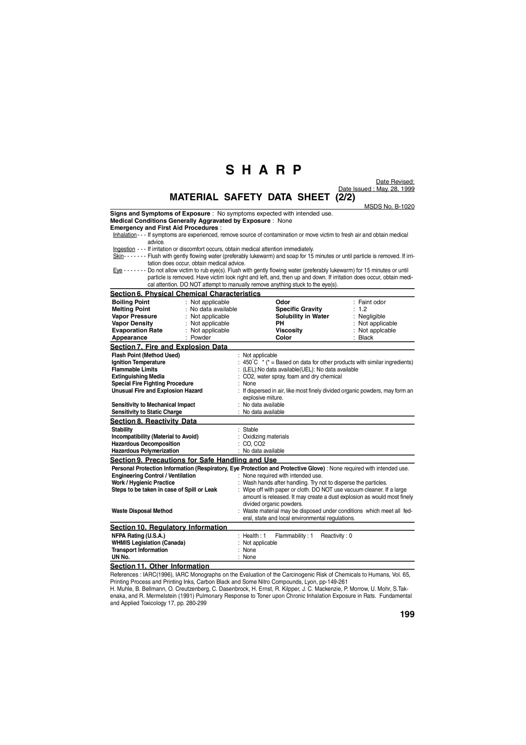 Sharp FO-6700 operation manual Material Safety Data Sheet 2/2 