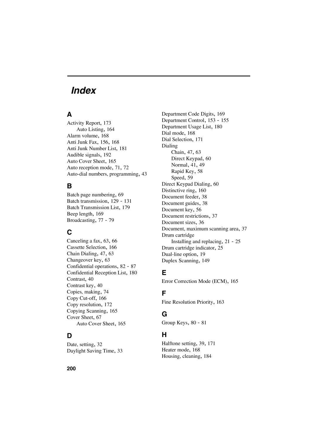 Sharp FO-6700 operation manual Index 