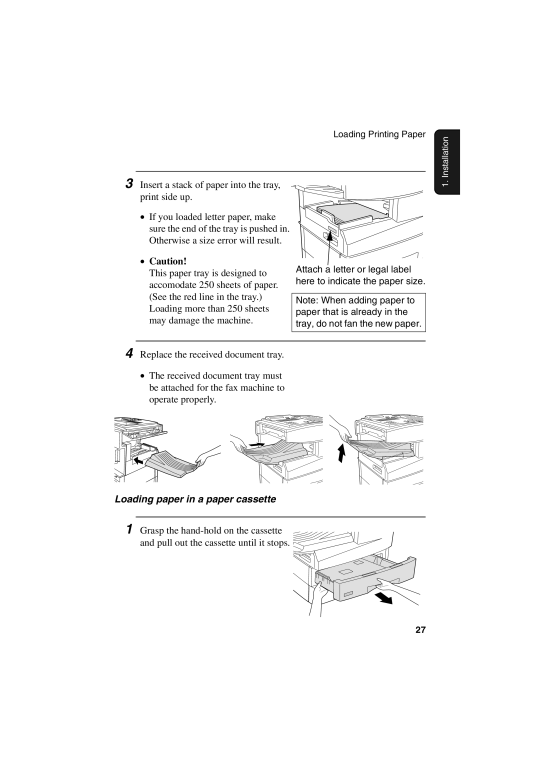 Sharp FO-6700 operation manual Insert a stack of paper into the tray, print side up, Loading paper in a paper cassette 