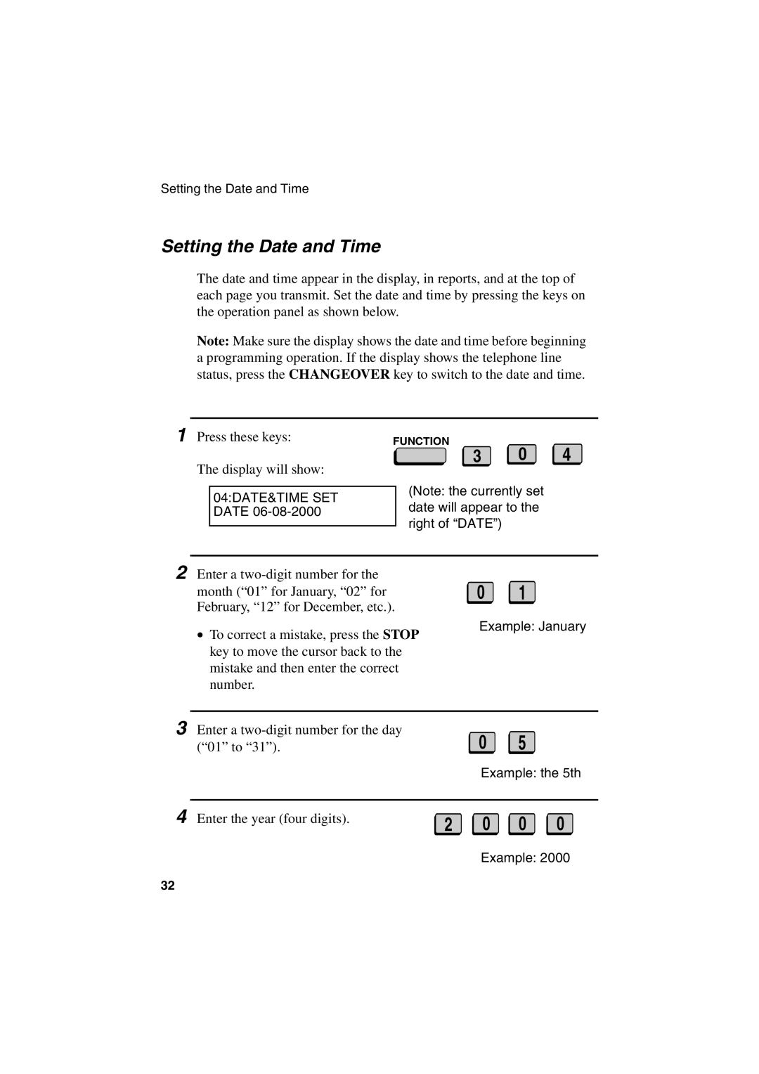 Sharp FO-6700 operation manual Setting the Date and Time, Enter the year four digits 