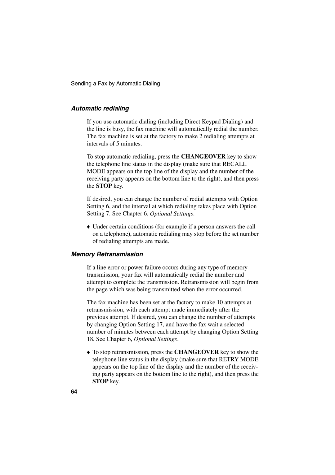 Sharp FO-6700 operation manual Automatic redialing, Memory Retransmission 