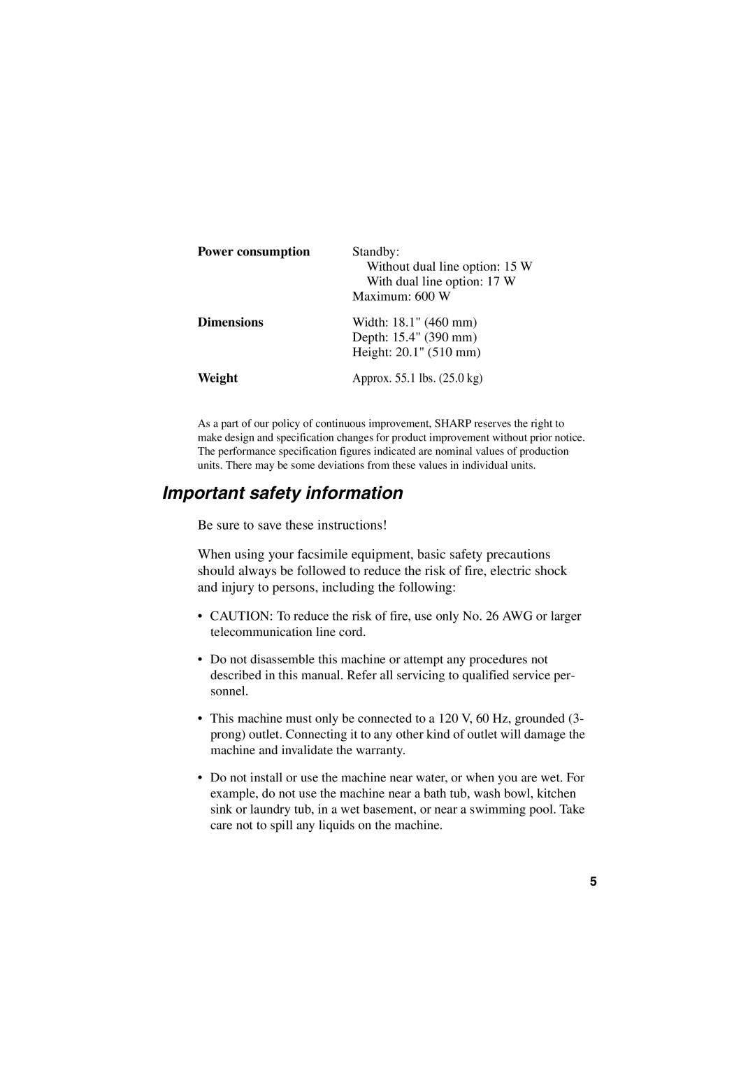 Sharp FO-6700 operation manual Important safety information, Weight 