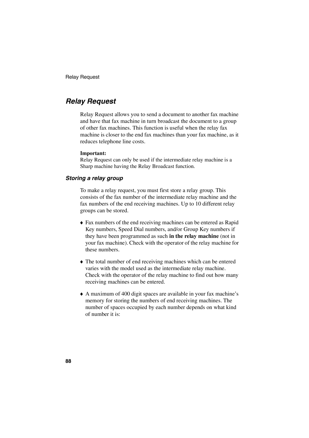 Sharp FO-6700 operation manual Relay Request, Storing a relay group 