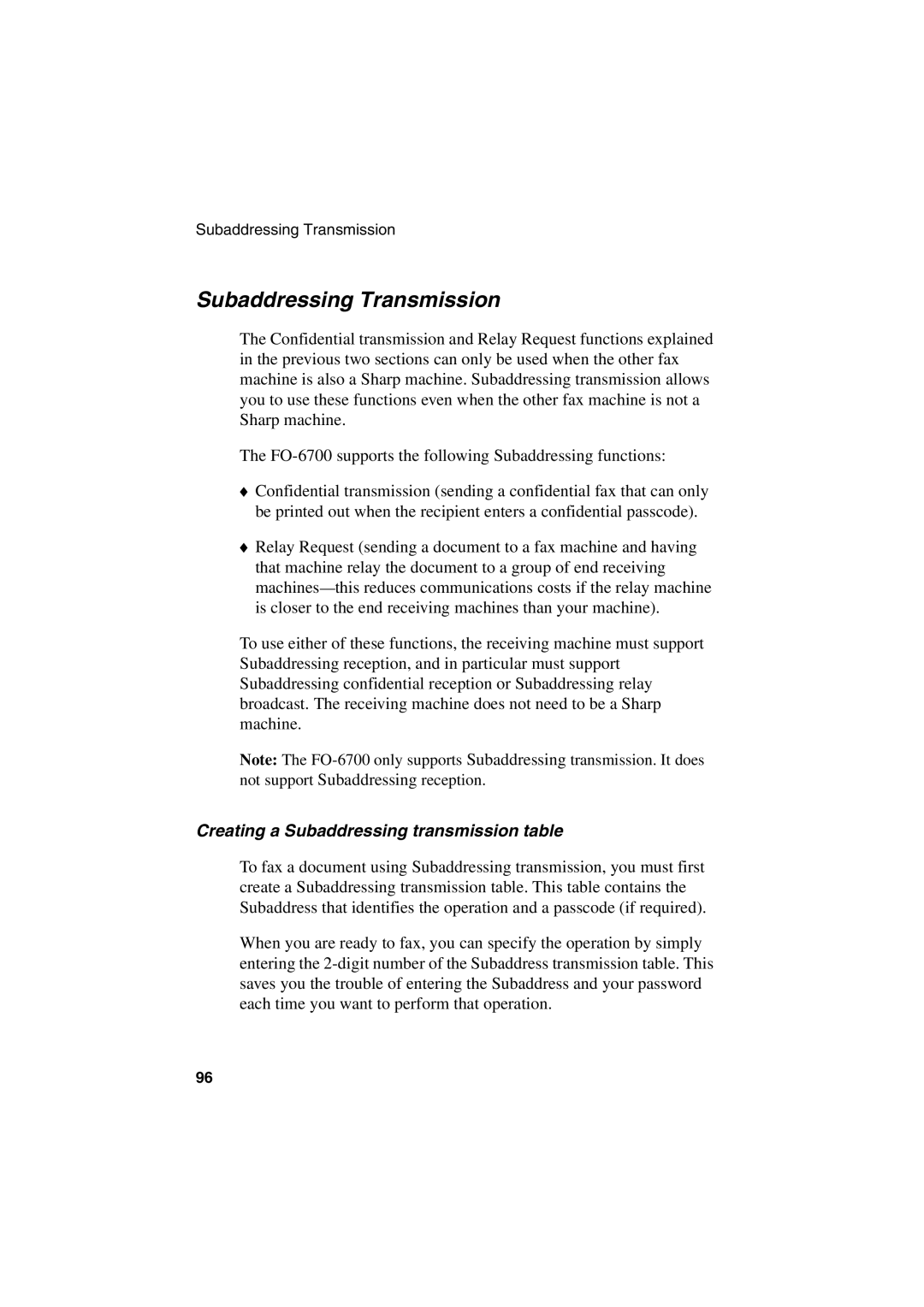 Sharp FO-6700 operation manual Subaddressing Transmission, Creating a Subaddressing transmission table 