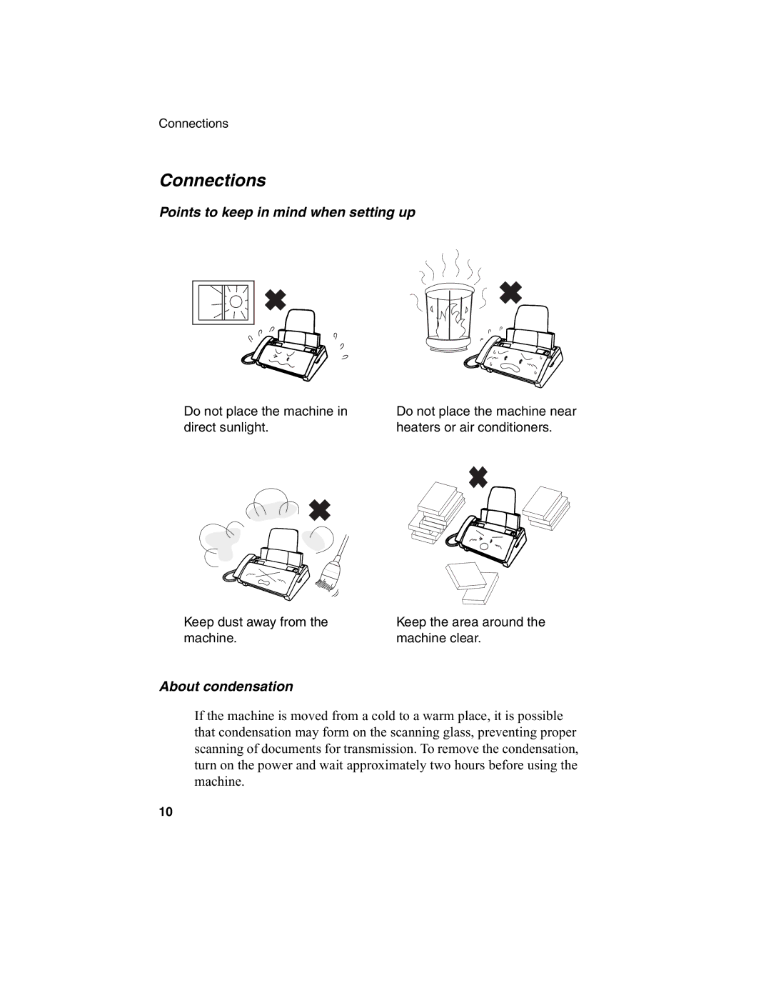 Sharp FO-775L manual Connections, Points to keep in mind when setting up, About condensation 