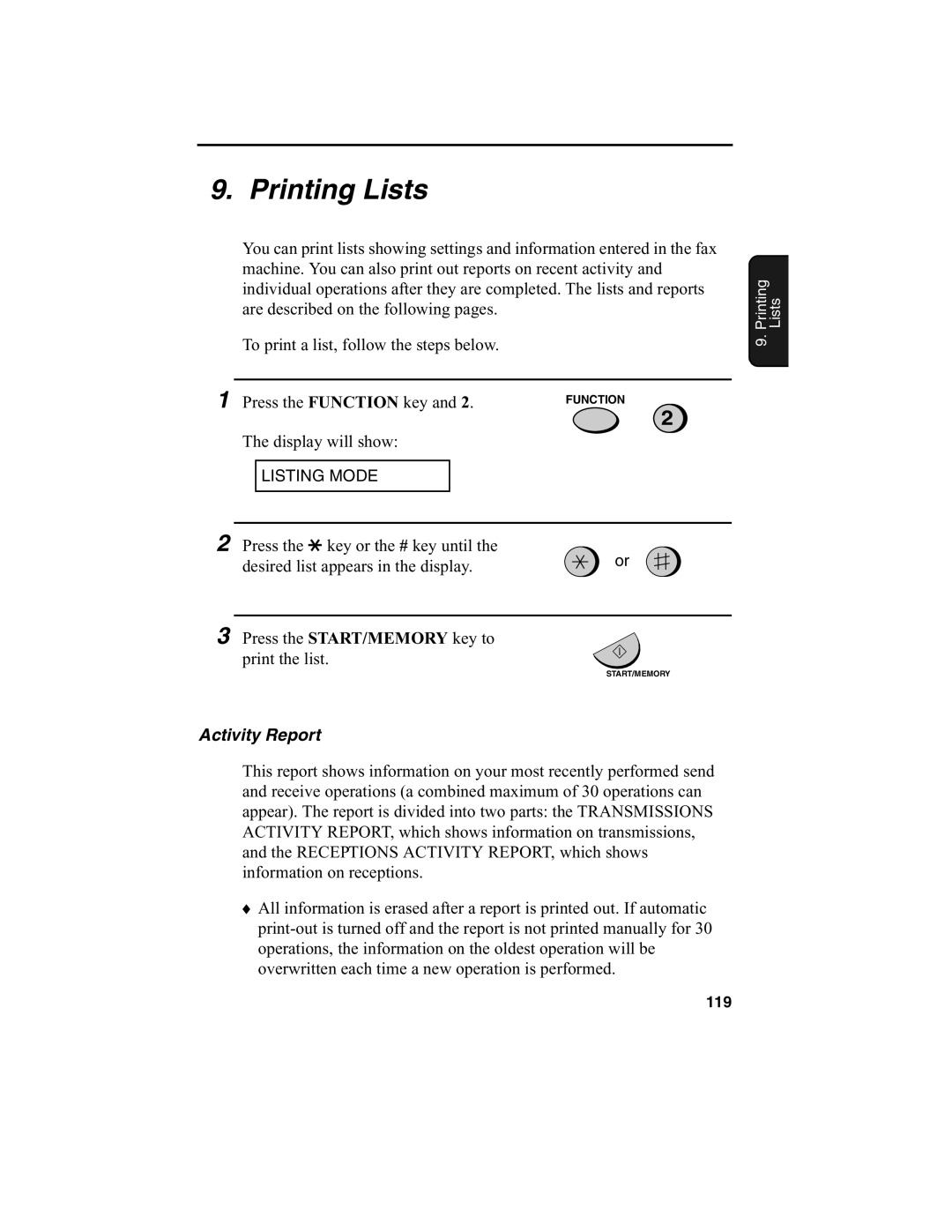 Sharp FO-775L manual Printing Lists, Activity Report 