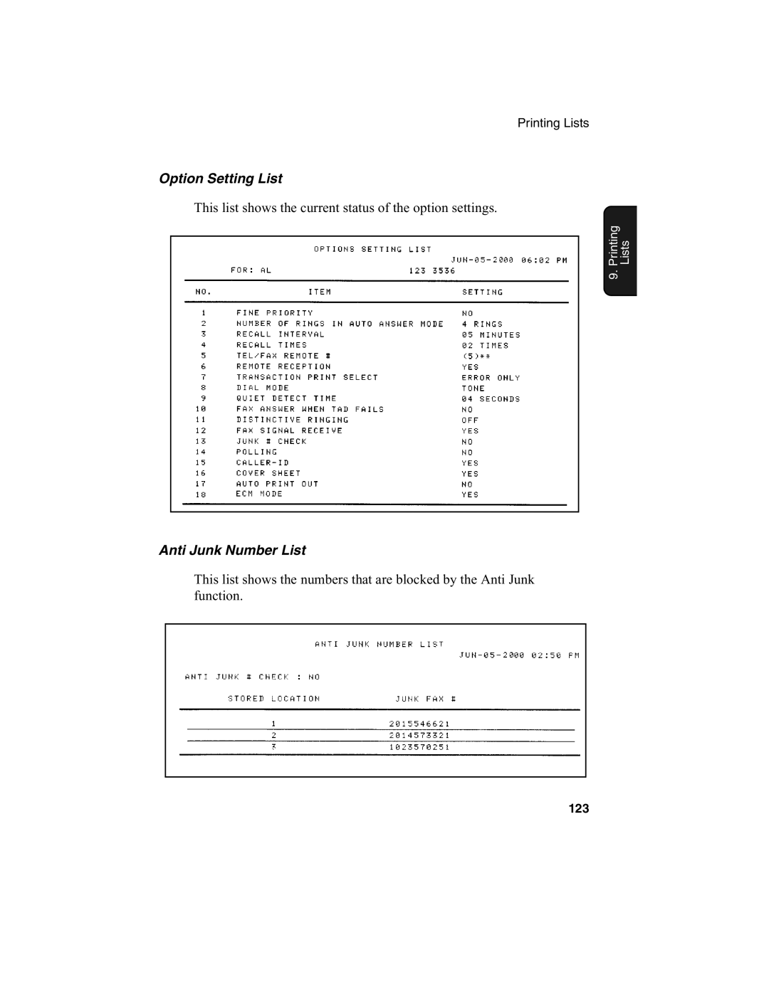 Sharp FO-775L manual Option Setting List, Anti Junk Number List 