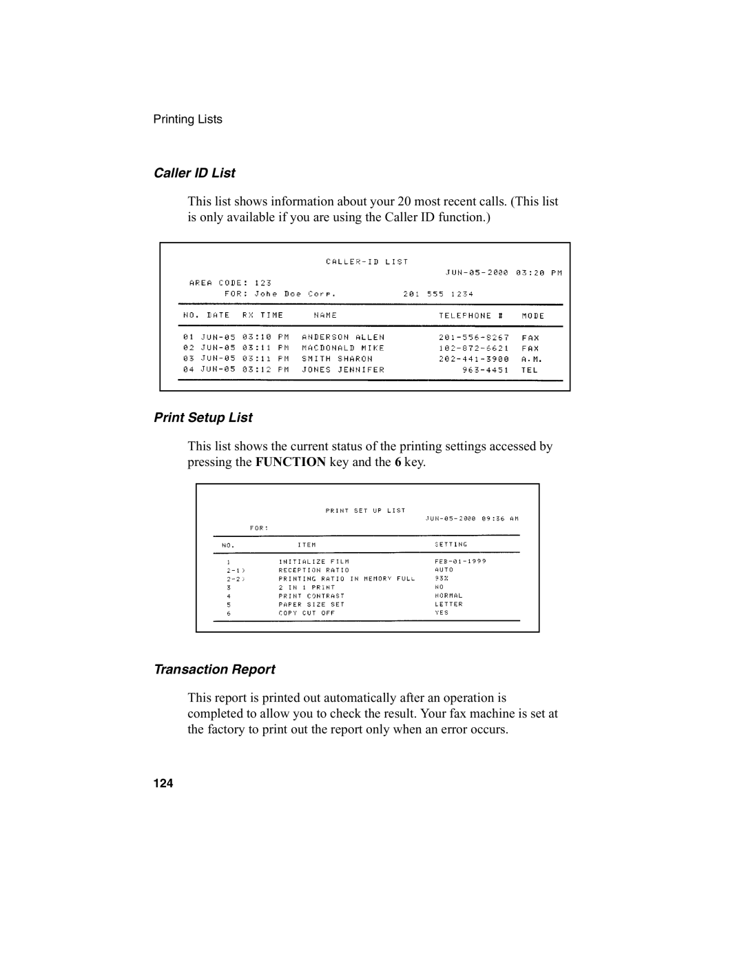 Sharp FO-775L manual Caller ID List, Print Setup List, Transaction Report 