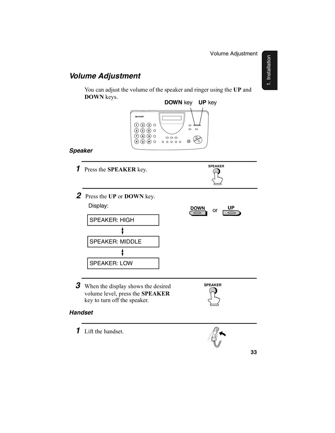 Sharp FO-775L manual Volume Adjustment, Speaker, Handset 