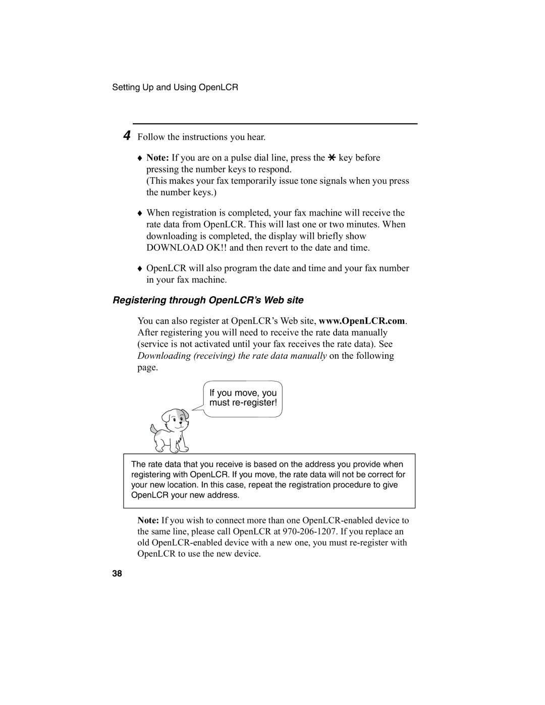 Sharp FO-775L manual Registering through OpenLCR’s Web site, If you move, you must re-register 