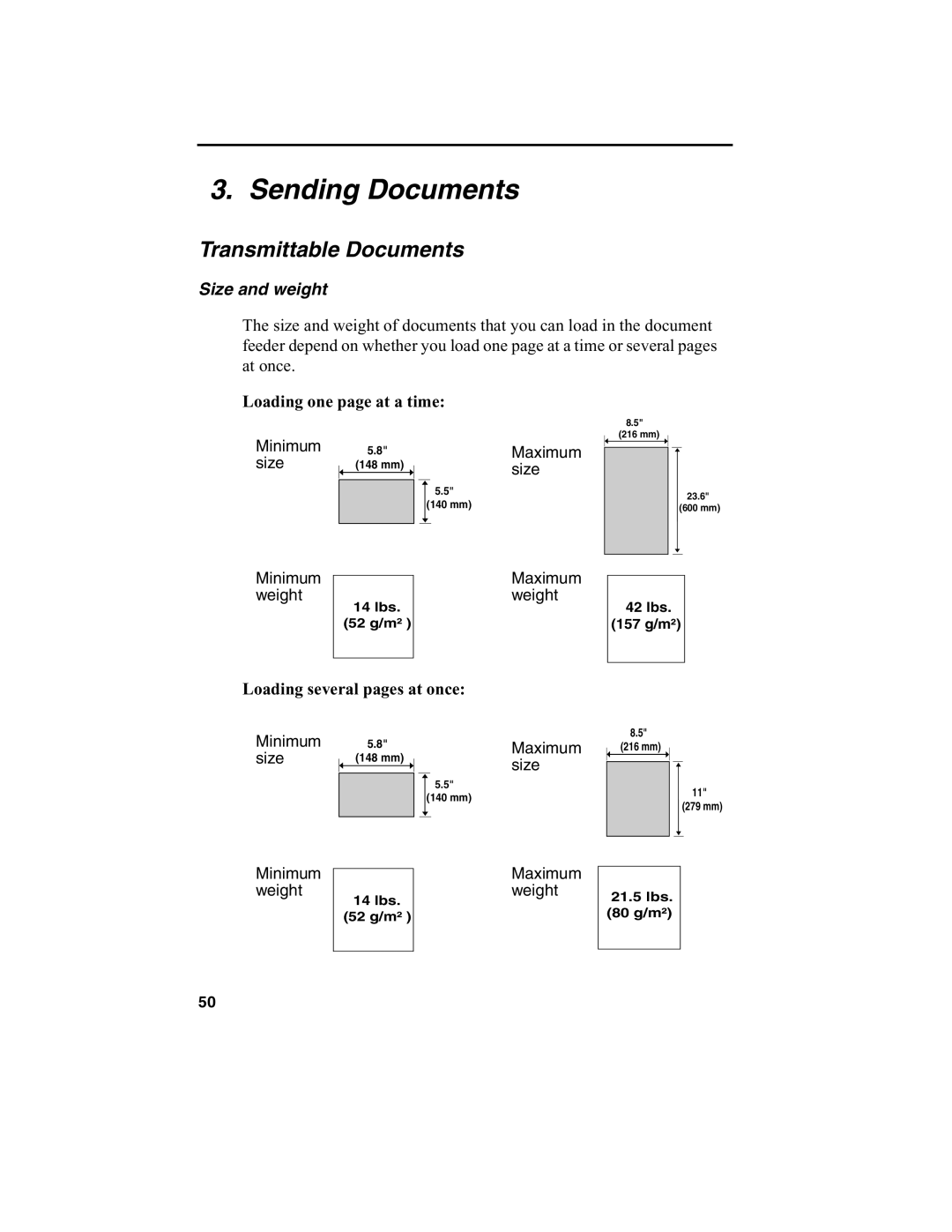 Sharp FO-775L manual Sending Documents, Transmittable Documents, Size and weight, Loading one page at a time 