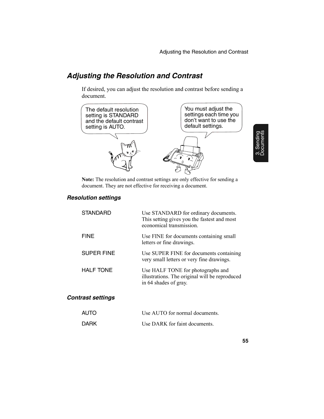 Sharp FO-775L manual Adjusting the Resolution and Contrast, Resolution settings, Contrast settings 