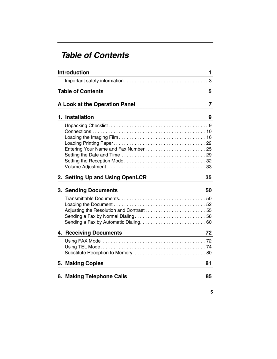 Sharp FO-775L manual Table of Contents 