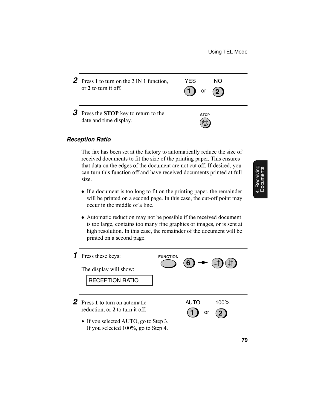 Sharp FO-775L manual Reception Ratio, Press 1 to turn on automatic reduction, or 2 to turn it off 