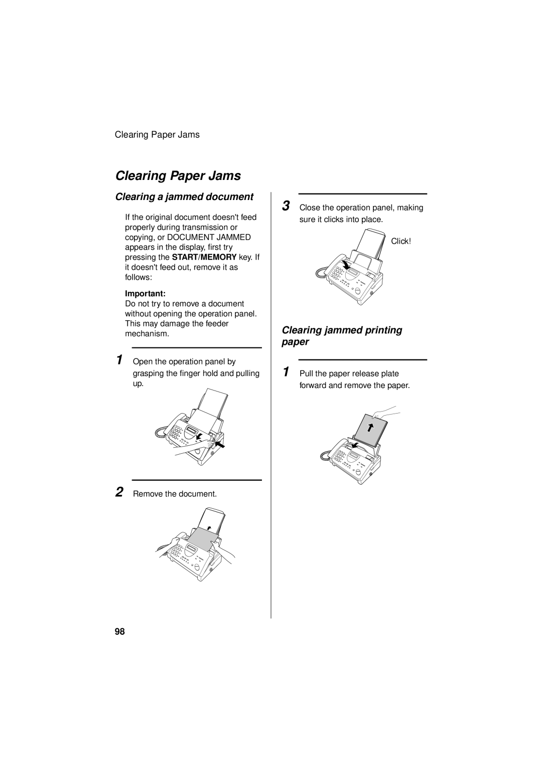 Sharp FO-781 operation manual Clearing Paper Jams, Clearing a jammed document, Clearing jammed printing paper 