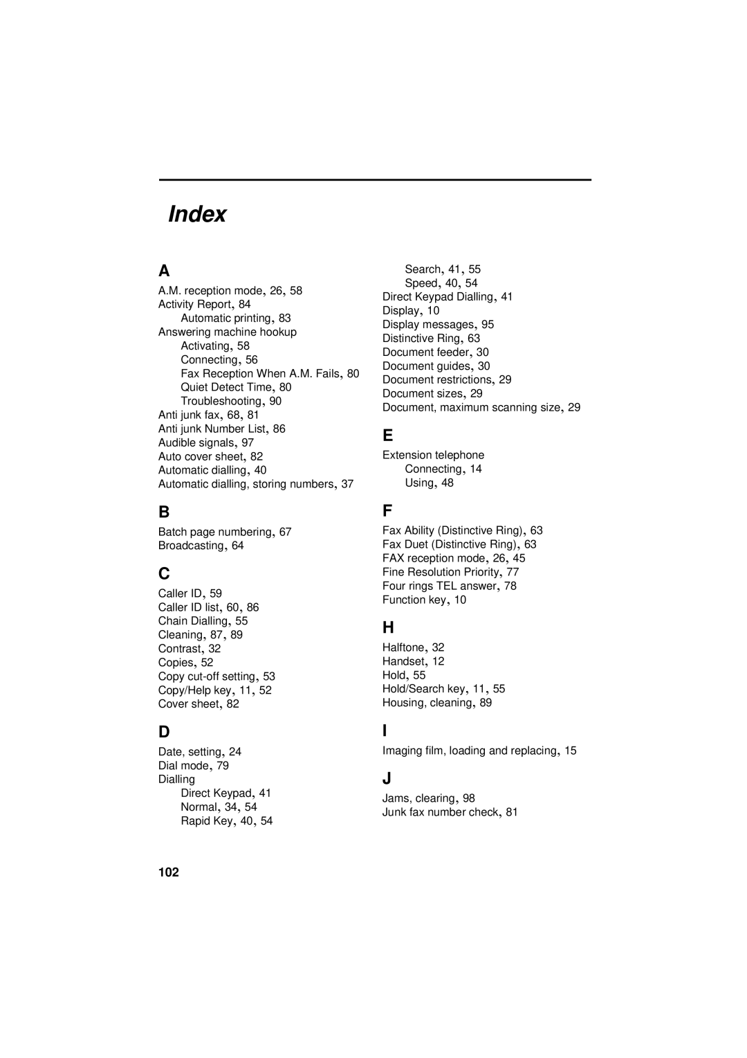 Sharp FO-781 operation manual Index, 102 