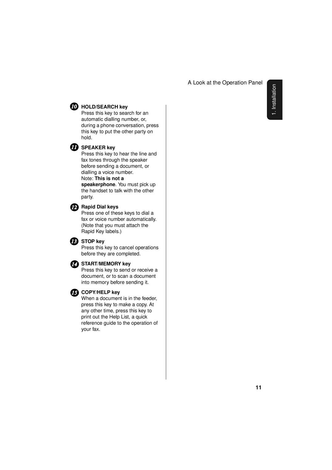 Sharp FO-781 operation manual HOLD/SEARCH key, Speaker key, Rapid Dial keys, Stop key, START/MEMORY key, COPY/HELP key 