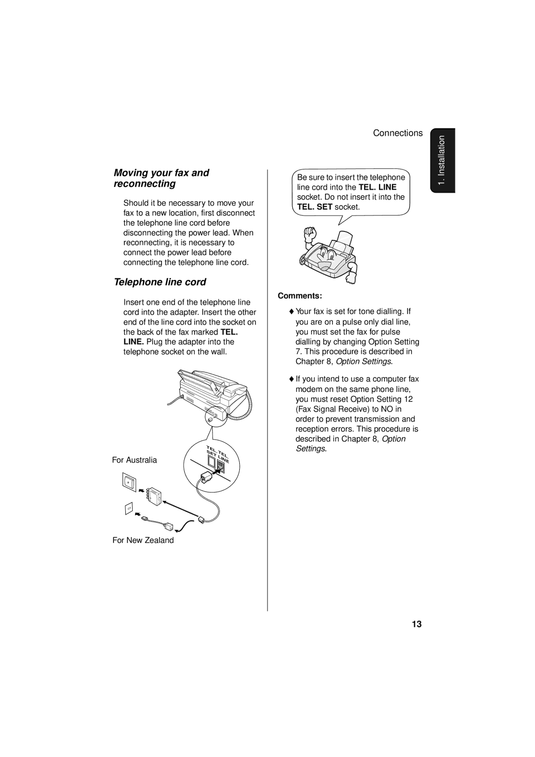 Sharp FO-781 operation manual Moving your fax and reconnecting, Telephone line cord, For Australia, Comments 