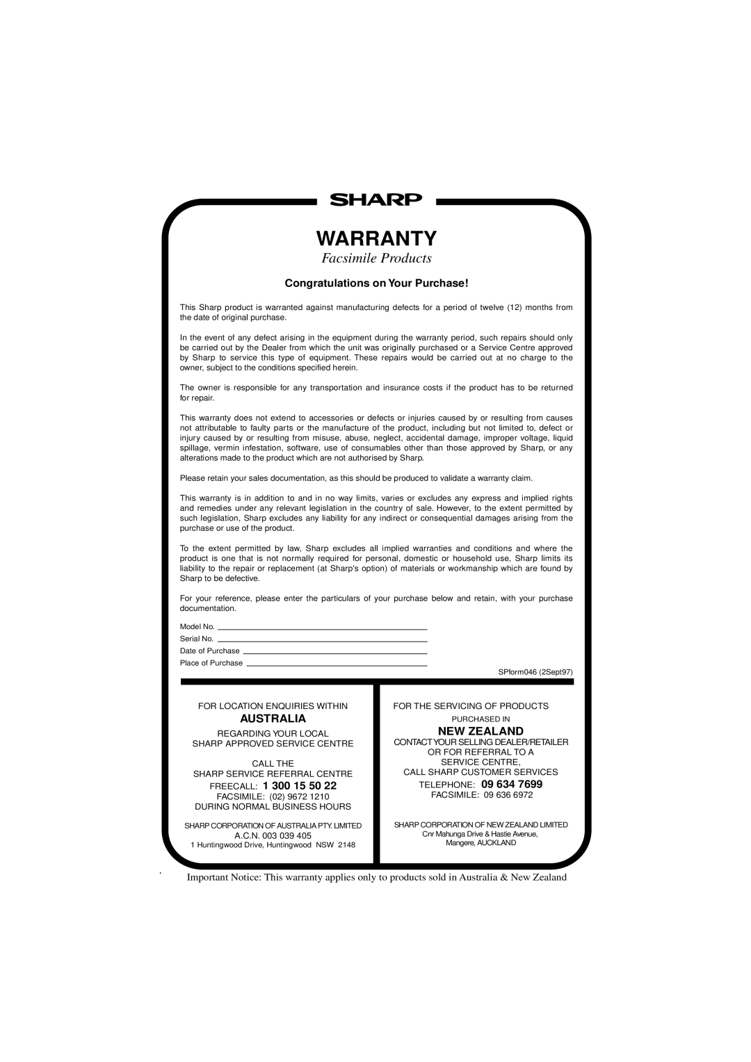 Sharp FO-781 operation manual Warranty 