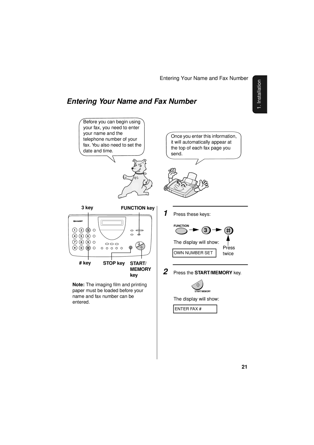 Sharp FO-781 operation manual Entering Your Name and Fax Number, Key Function key # key Stop key Start 