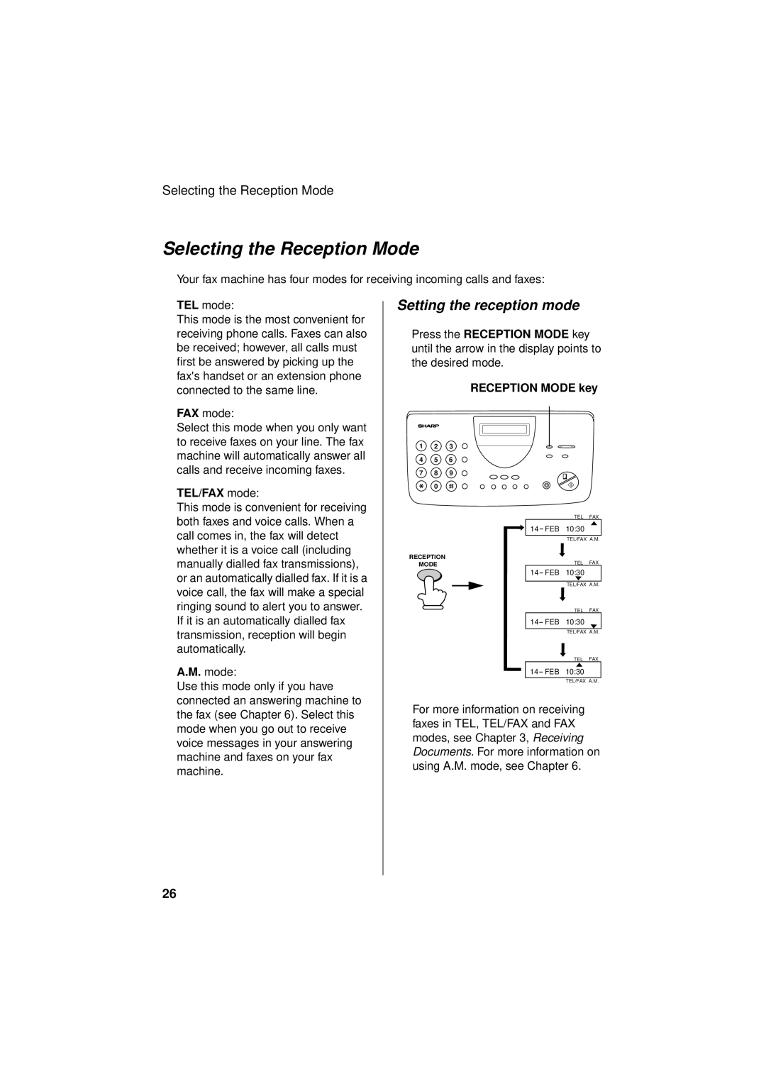 Sharp FO-781 operation manual Selecting the Reception Mode, Setting the reception mode 