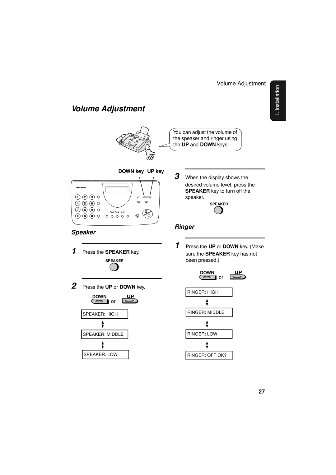 Sharp FO-781 operation manual Volume Adjustment, Speaker, Ringer, Down key UP key 