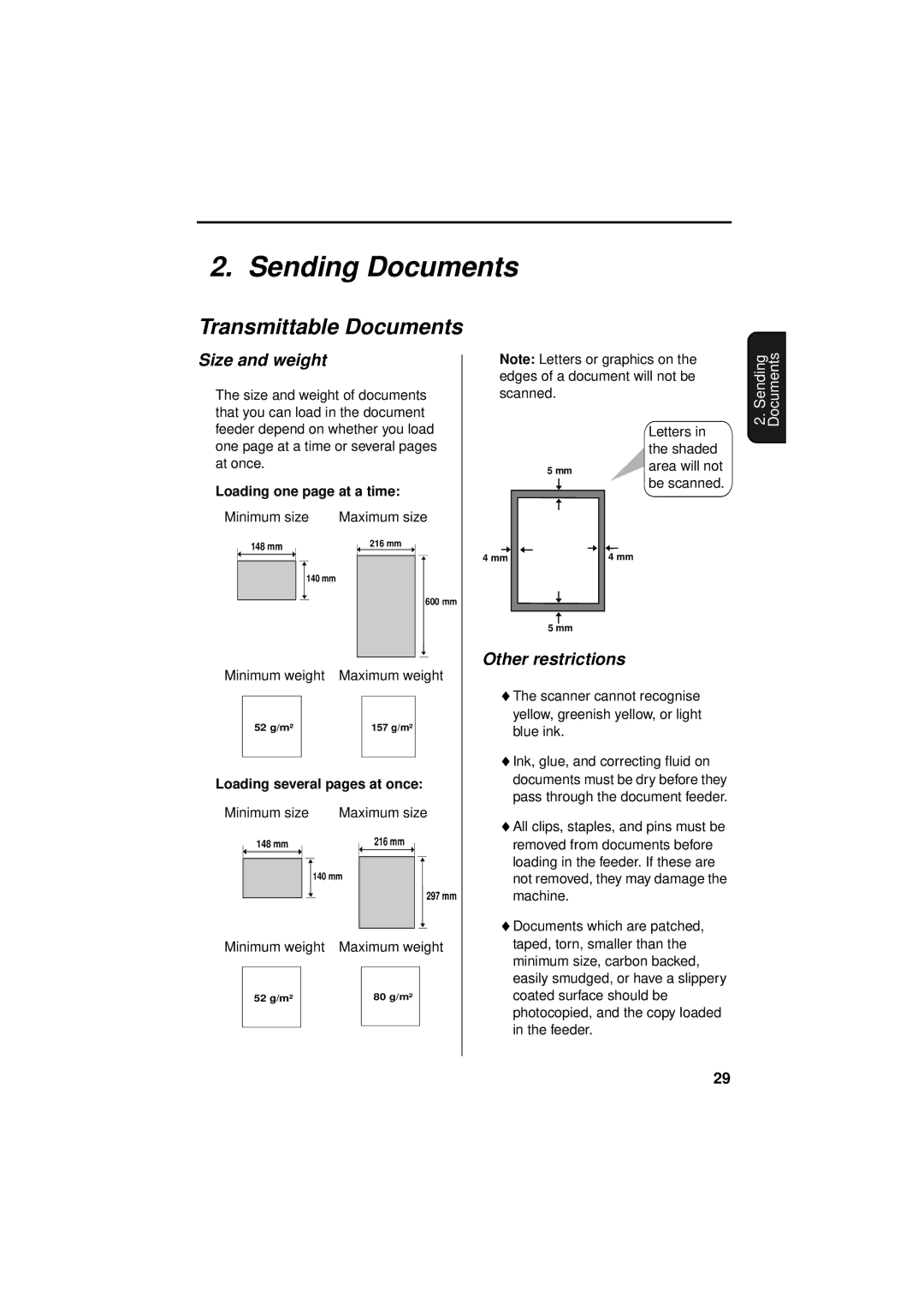 Sharp FO-781 operation manual Sending Documents, Transmittable Documents, Size and weight, Other restrictions 