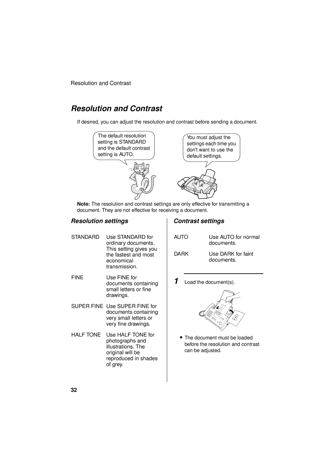 Sharp FO-781 operation manual Resolution and Contrast, Resolution settings, Contrast settings 