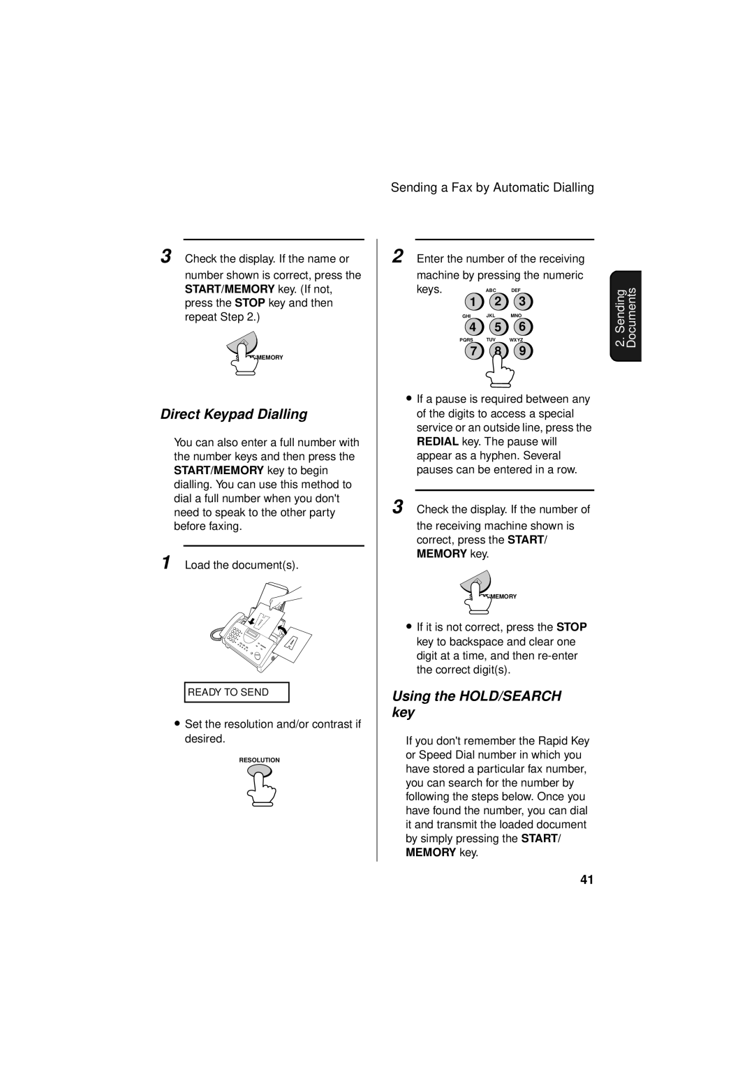 Sharp FO-781 operation manual Direct Keypad Dialling, Using the HOLD/SEARCH key, Keys 