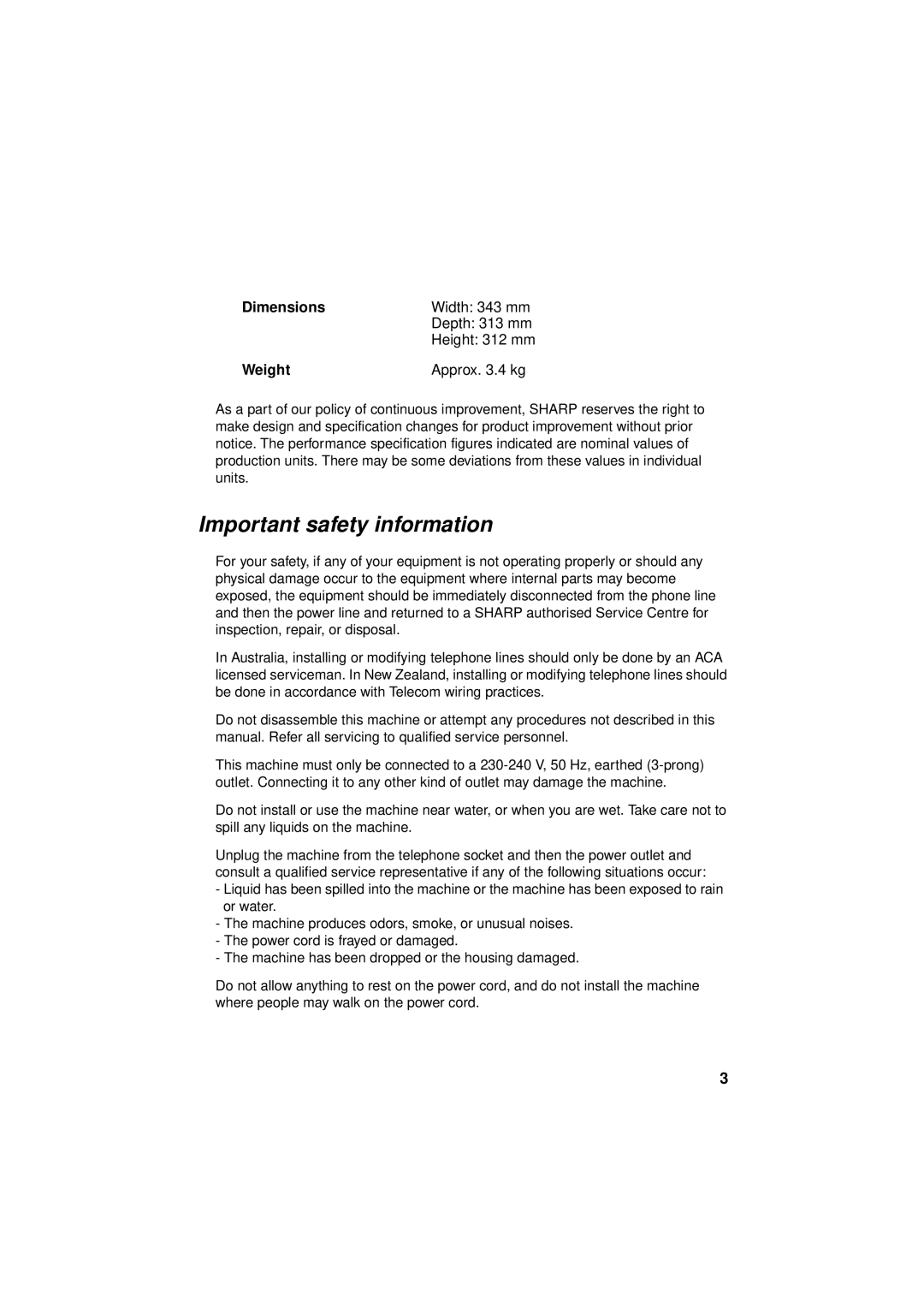 Sharp FO-781 operation manual Important safety information, Weight 