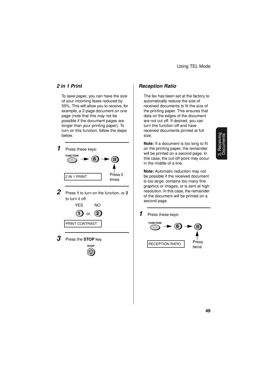 Sharp FO-781 operation manual Print, Reception Ratio 