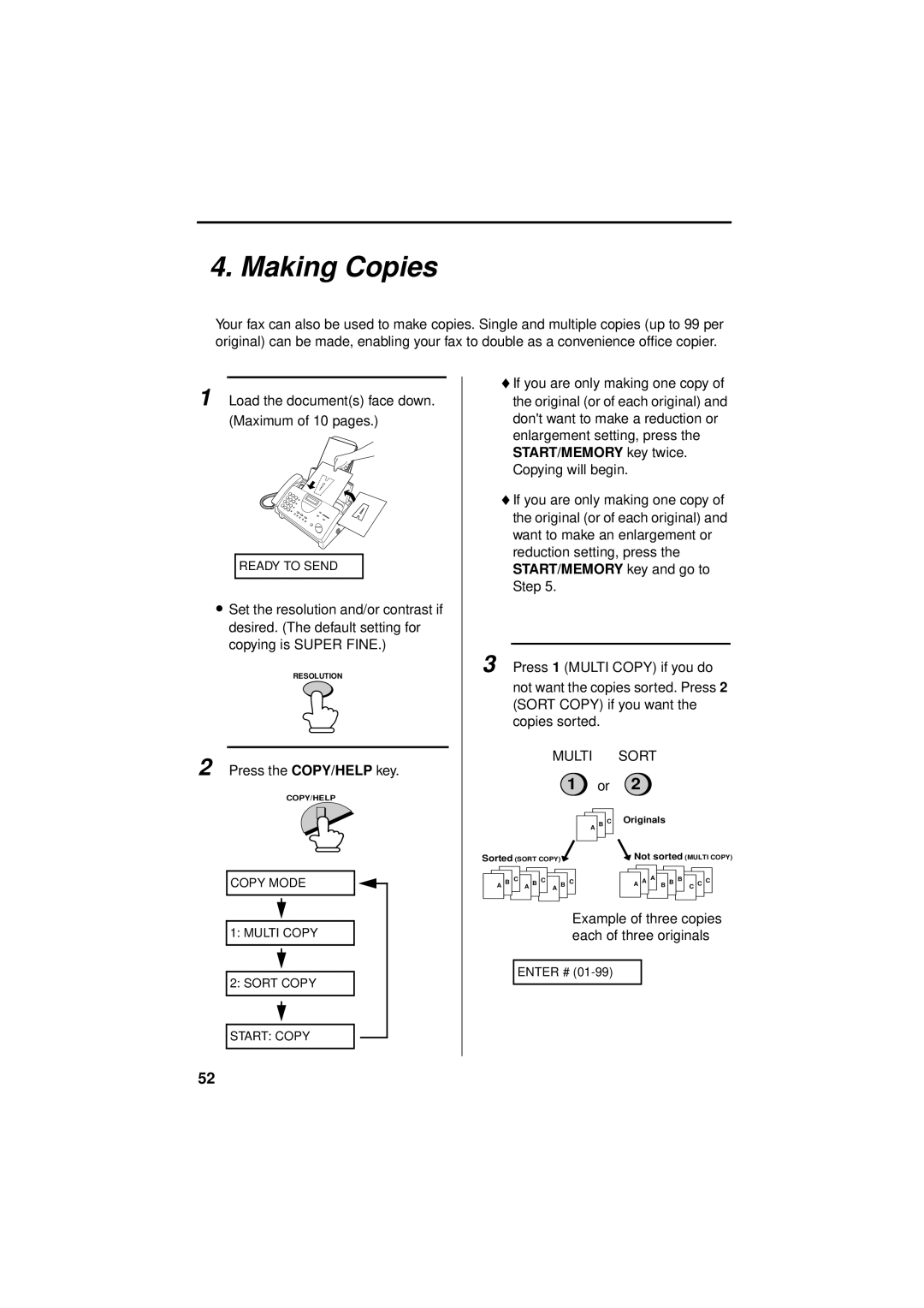 Sharp FO-781 operation manual Making Copies, START/MEMORY key twice, START/MEMORY key and go to 