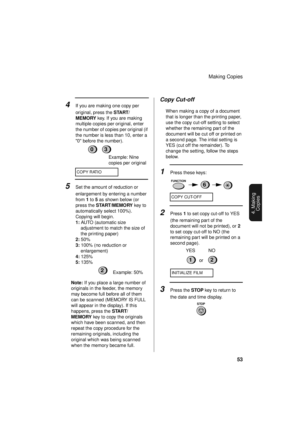 Sharp FO-781 operation manual Copy Cut-off, Set the amount of reduction or 