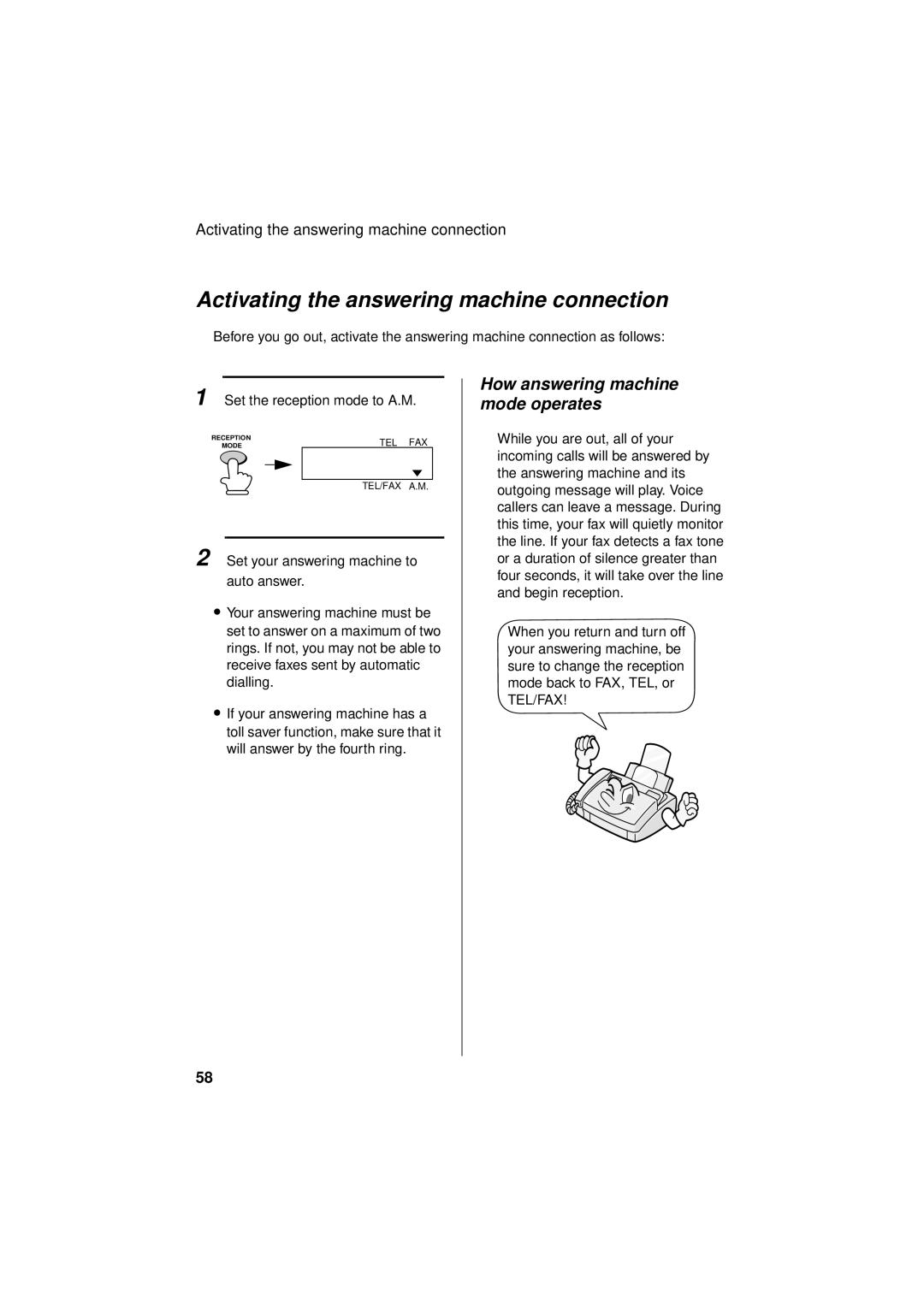 Sharp FO-781 operation manual Activating the answering machine connection, How answering machine mode operates 