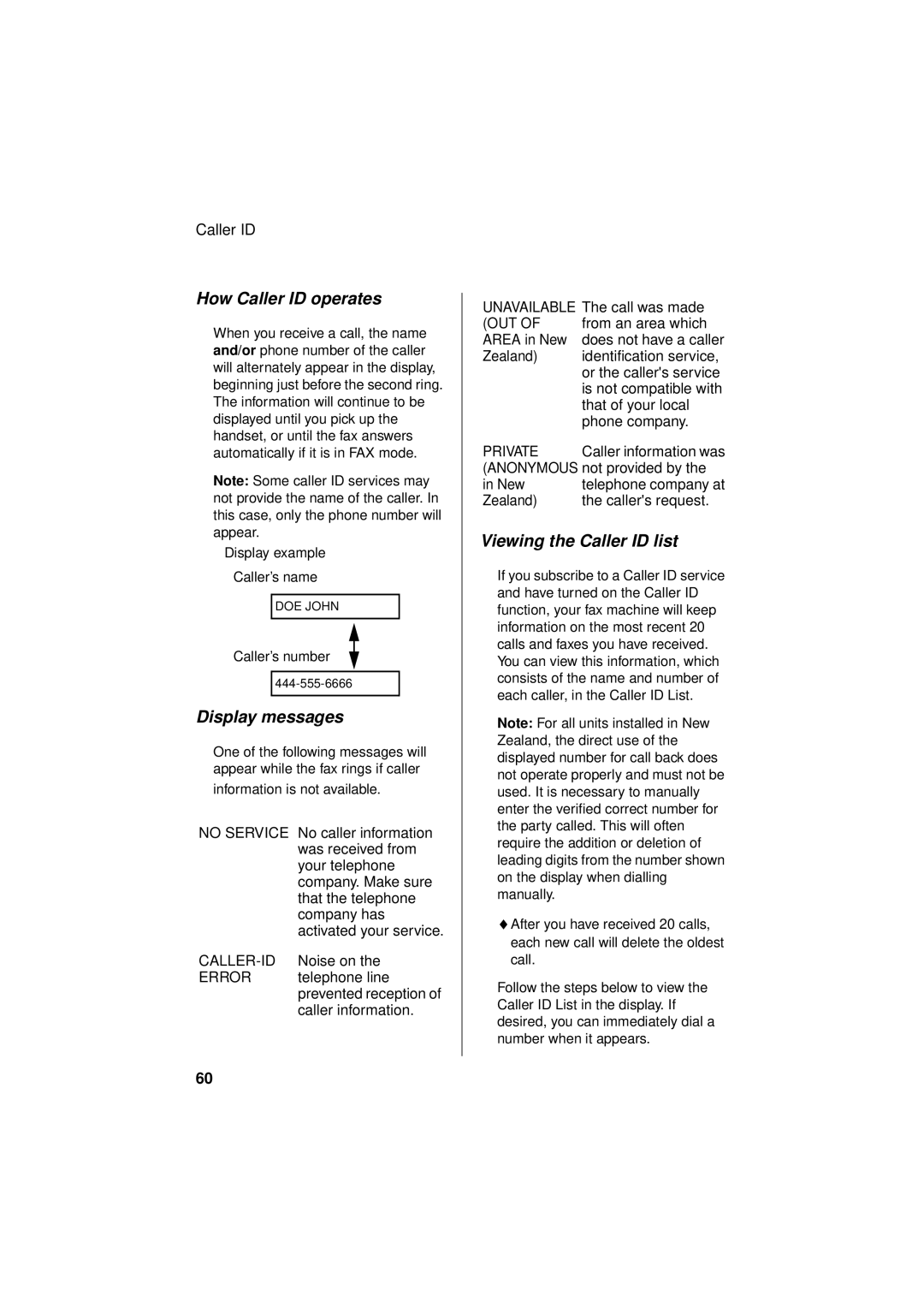 Sharp FO-781 operation manual How Caller ID operates, Display messages, Viewing the Caller ID list 