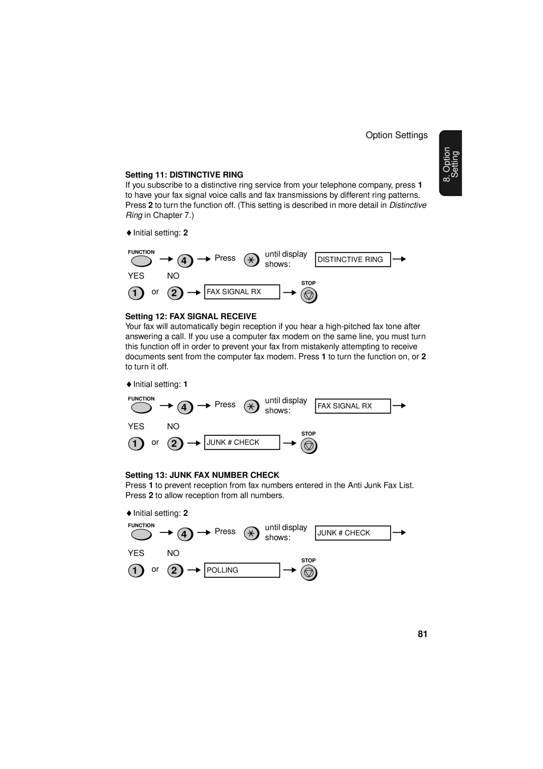 Sharp FO-781 operation manual Setting 11 Distinctive Ring, Setting 12 FAX Signal Receive, Setting 13 Junk FAX Number Check 