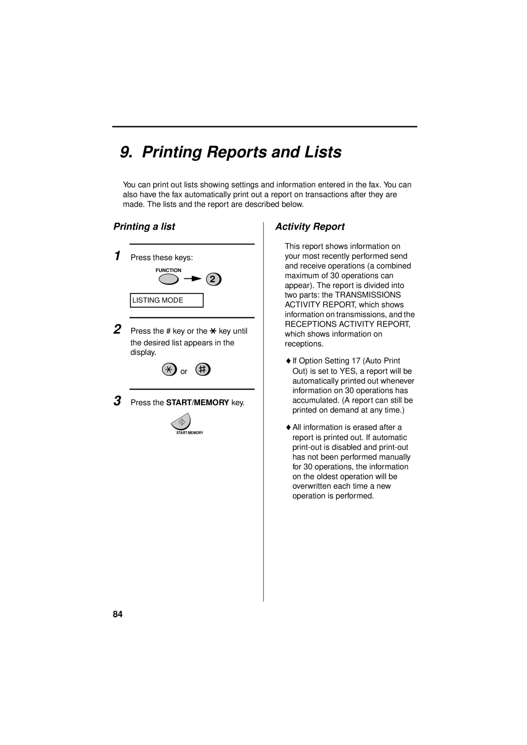 Sharp FO-781 operation manual Printing Reports and Lists, Printing a list, Activity Report 