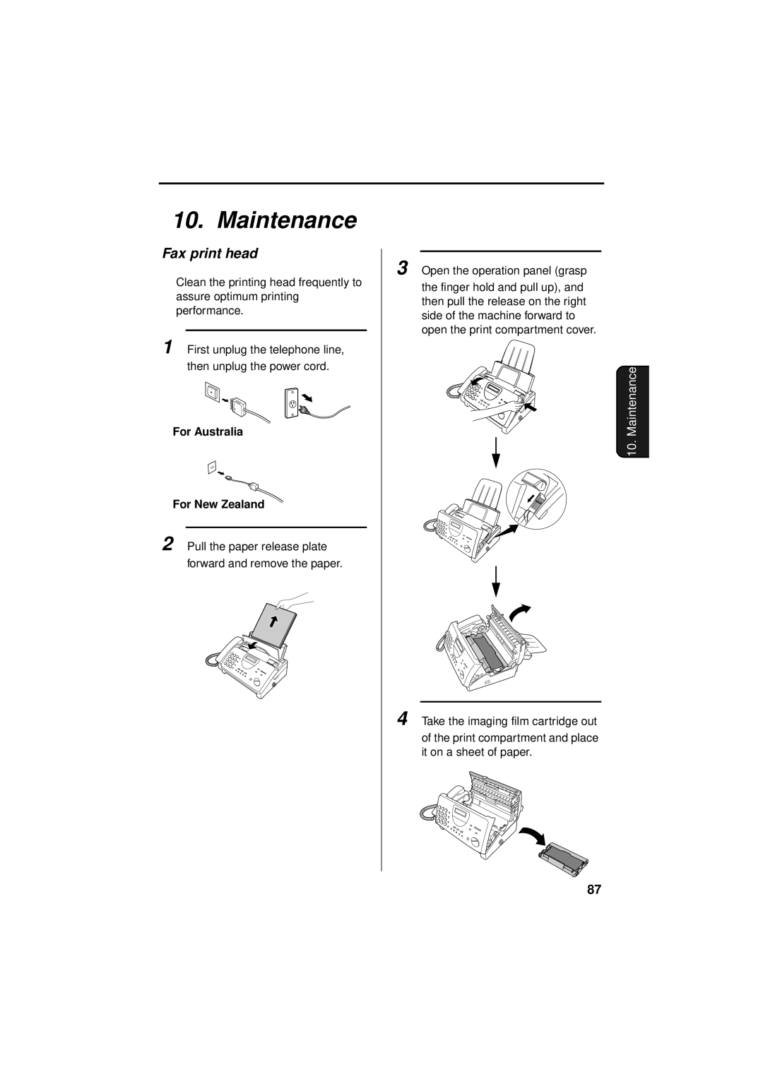 Sharp FO-781 operation manual Maintenance, Fax print head, For Australia For New Zealand 