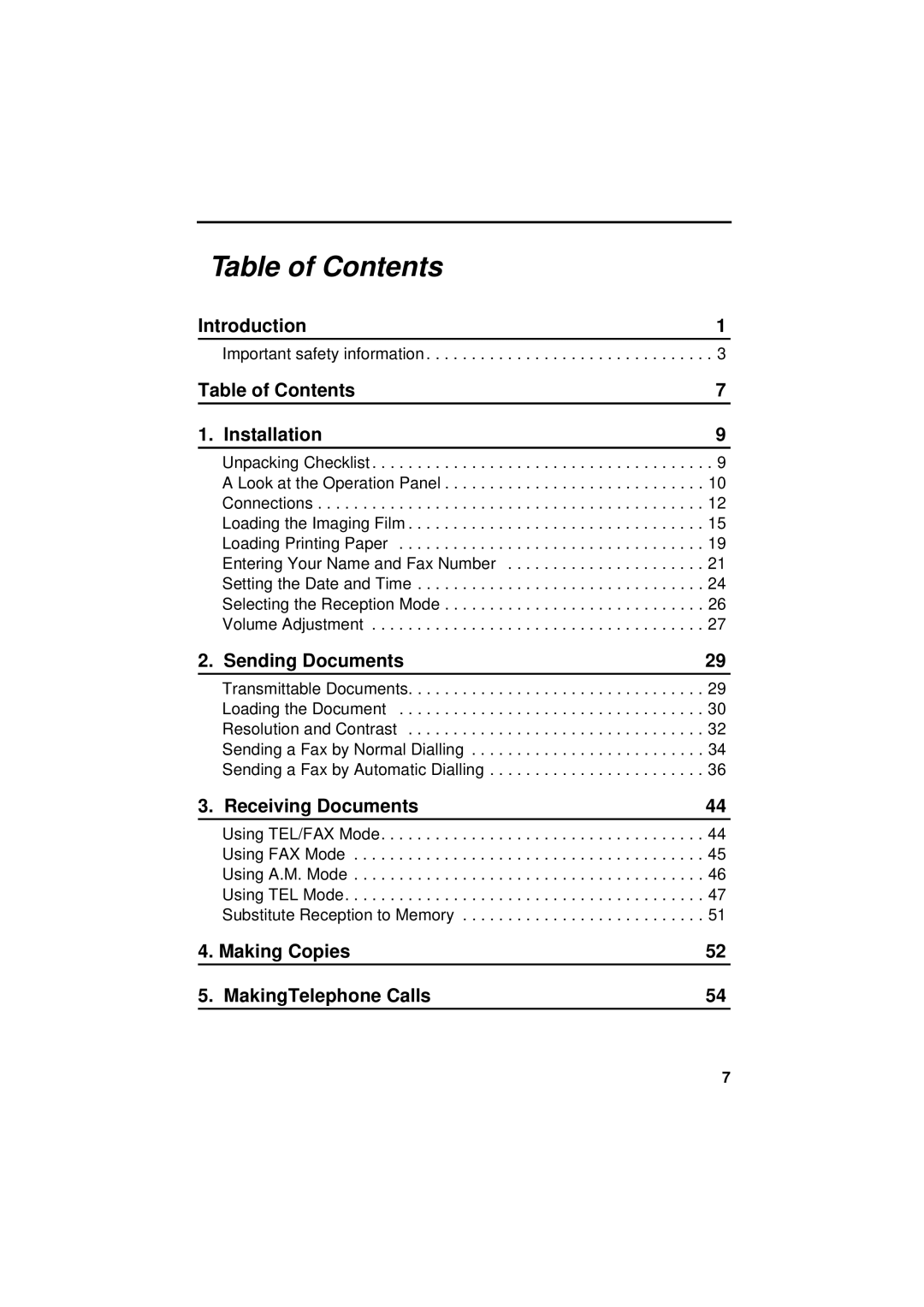 Sharp FO-781 operation manual Table of Contents 