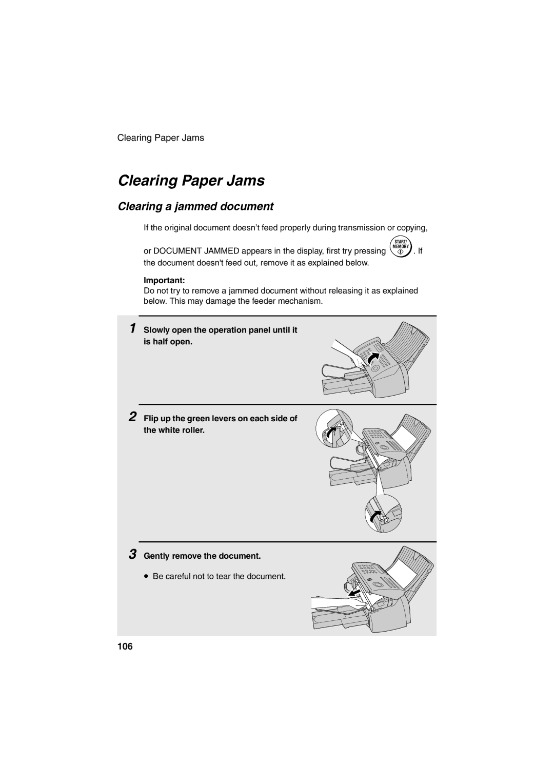 Sharp FO-B1600 operation manual Clearing Paper Jams, Clearing a jammed document 