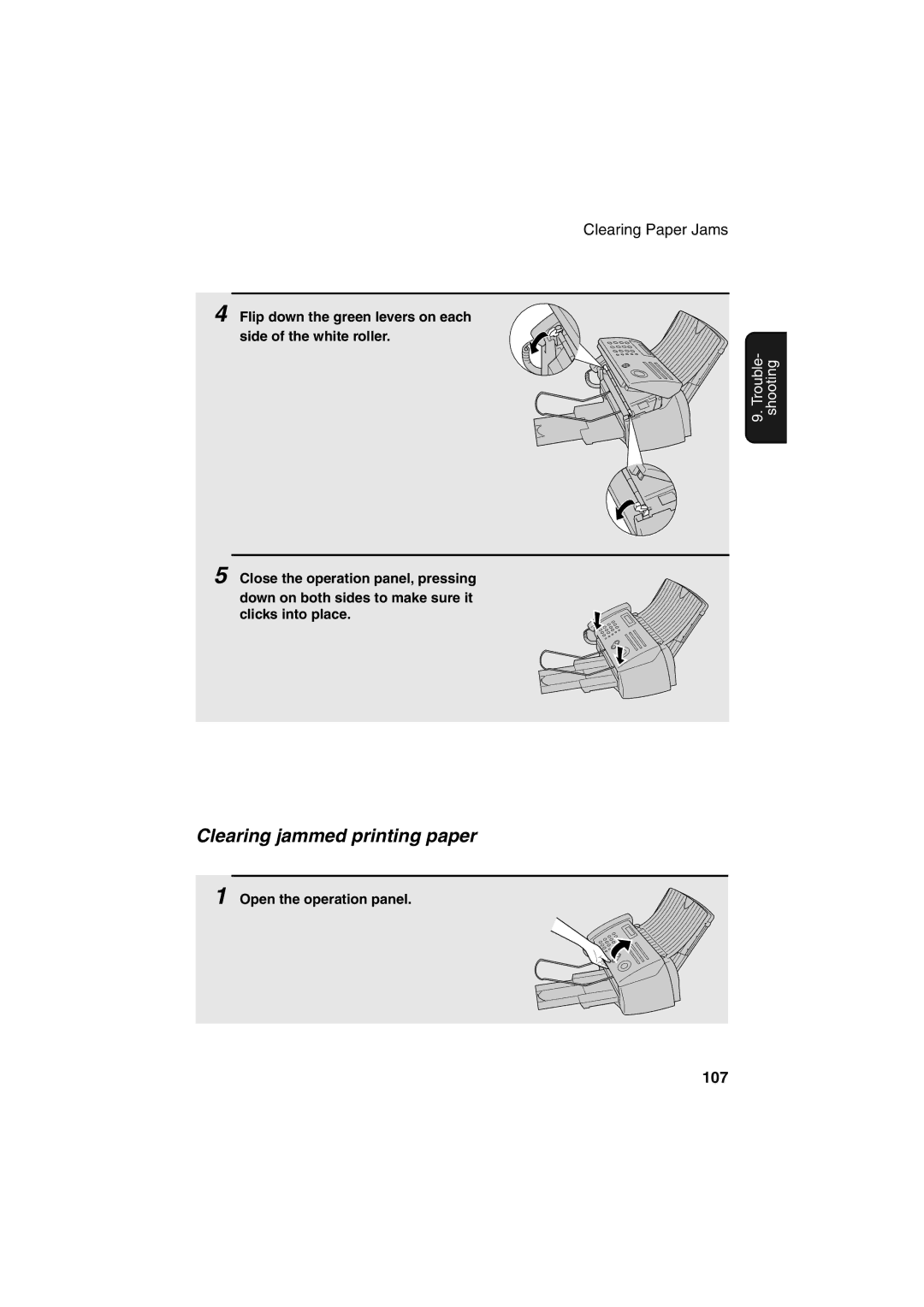 Sharp FO-B1600 operation manual Clearing jammed printing paper, Flip down the green levers on each side of the white roller 