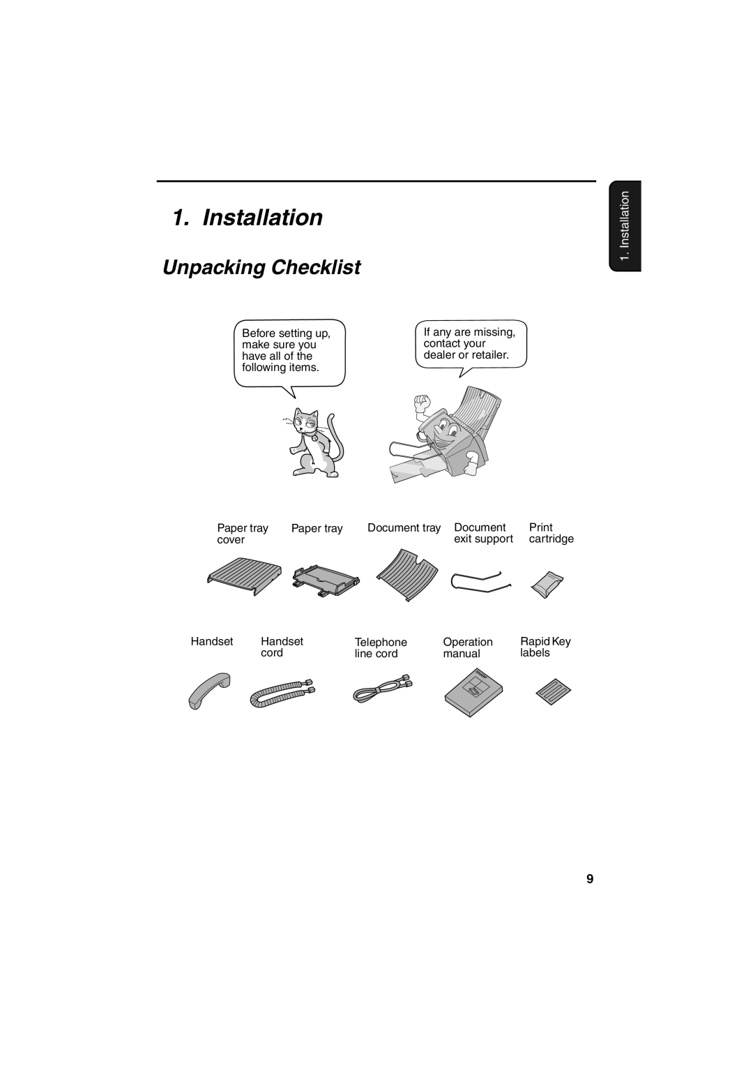 Sharp FO-B1600 operation manual Installation, Unpacking Checklist 