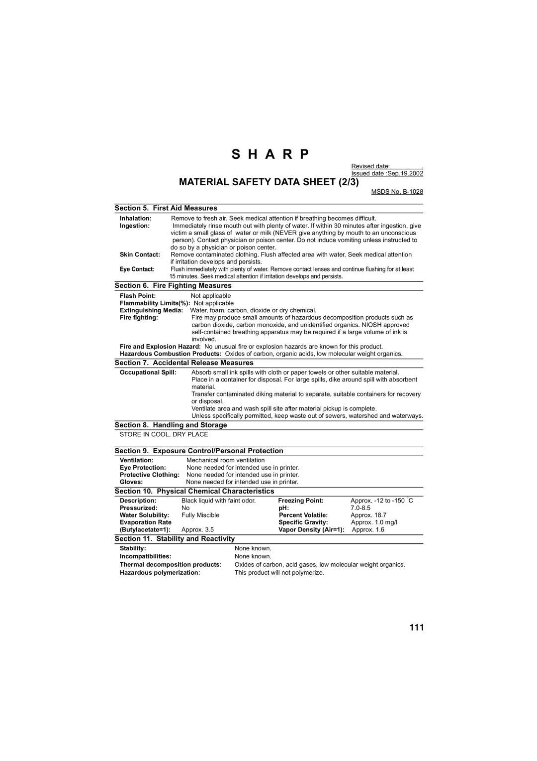 Sharp FO-B1600 operation manual Material Safety Data Sheet 2/3 