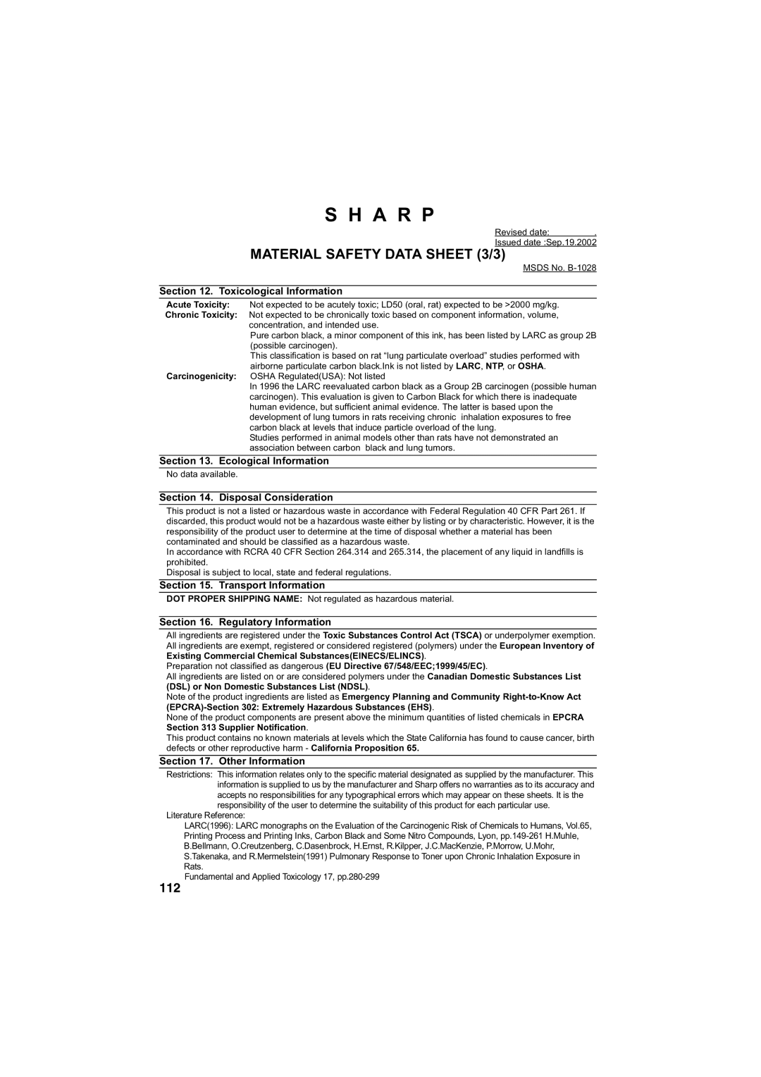 Sharp FO-B1600 operation manual Material Safety Data Sheet 3/3 