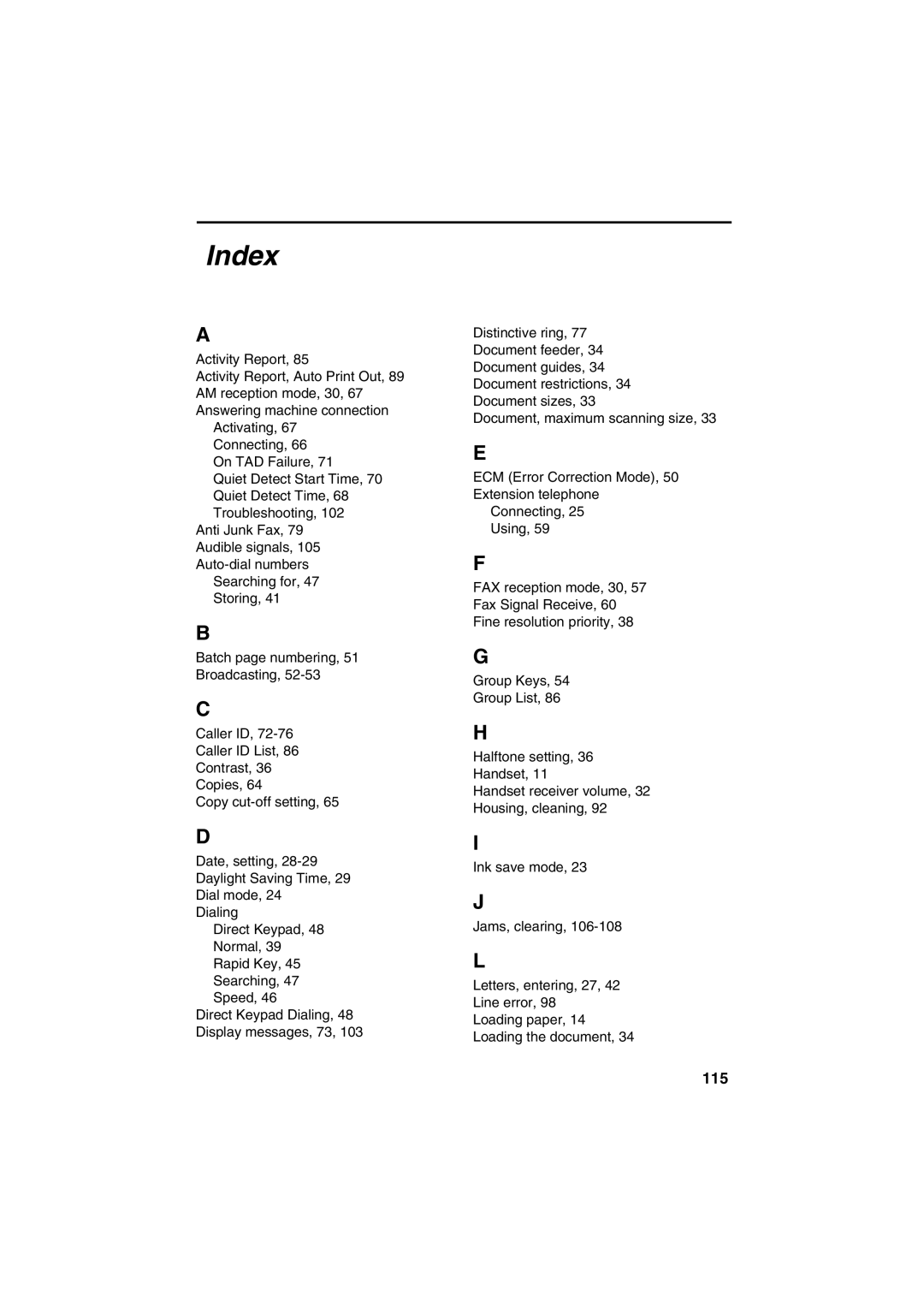 Sharp FO-B1600 operation manual Index, 115 