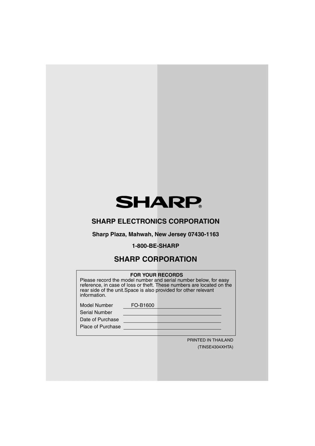 Sharp FO-B1600 operation manual Sharp Corporation 