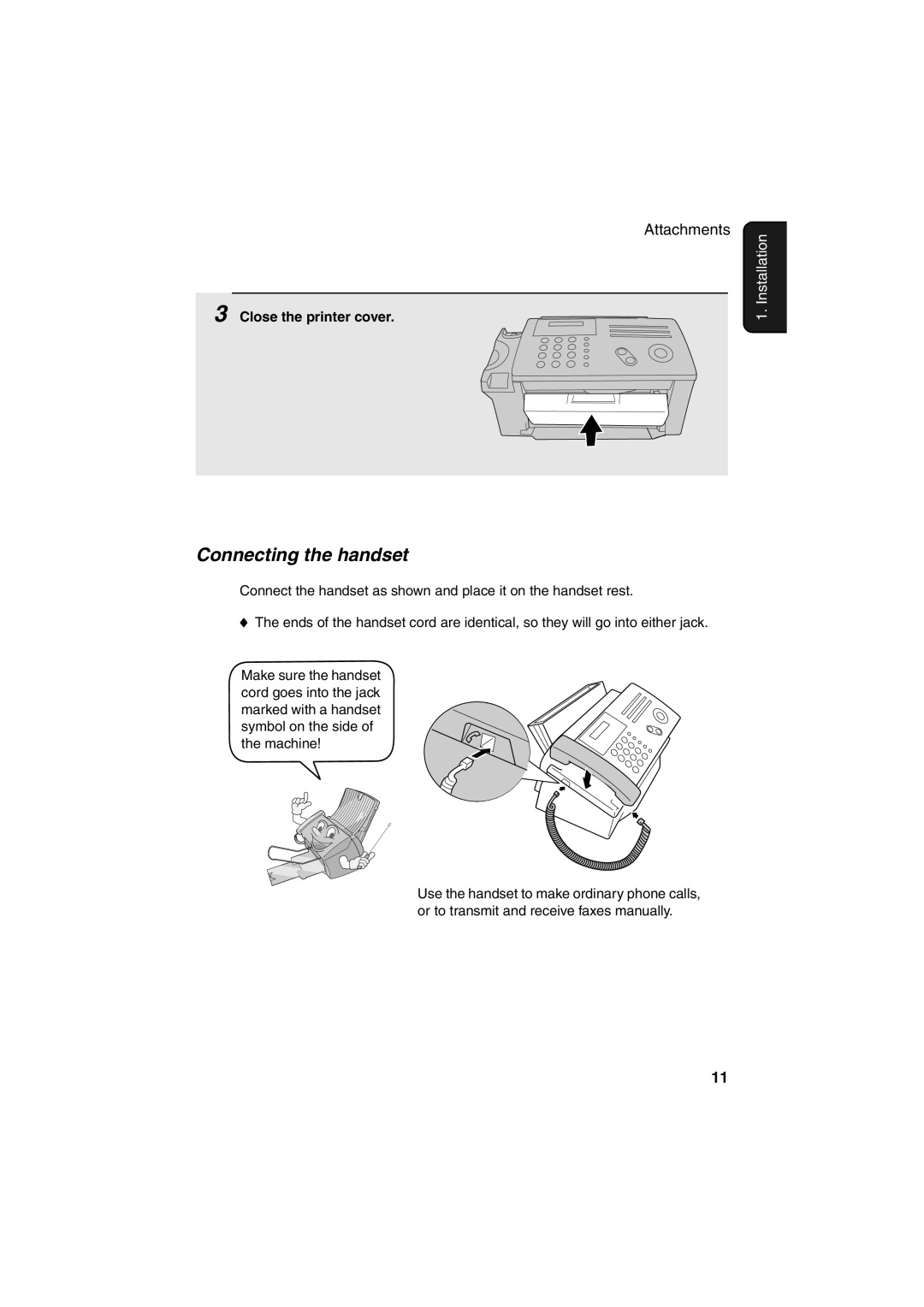 Sharp FO-B1600 operation manual Connecting the handset, Close the printer cover 