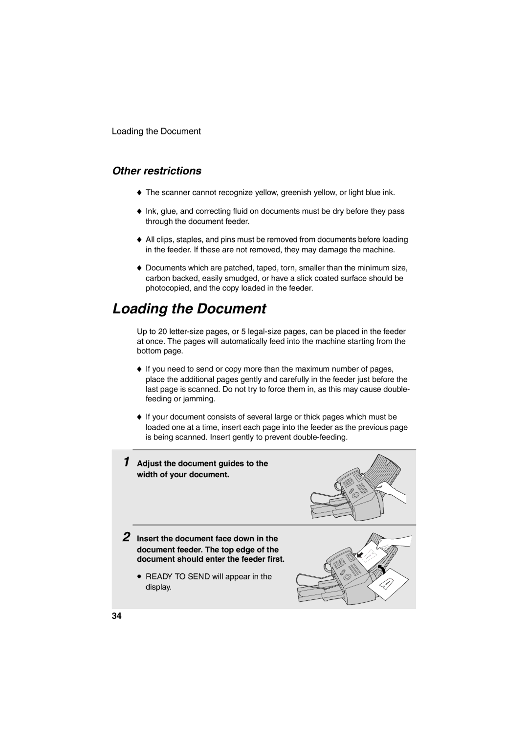 Sharp FO-B1600 operation manual Loading the Document, Other restrictions 